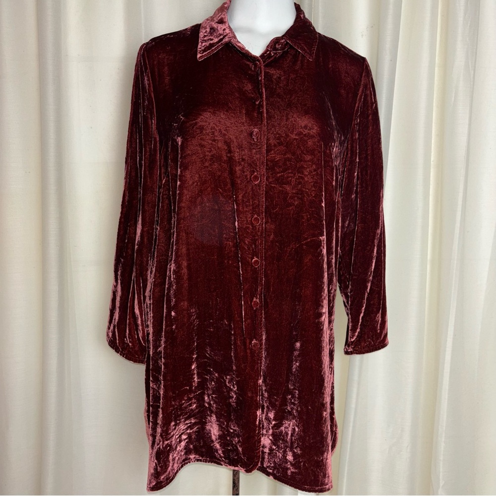 Soft Surroundings Silk Blend Boyfriend Tunic Velvet Velour Button Down Shirt